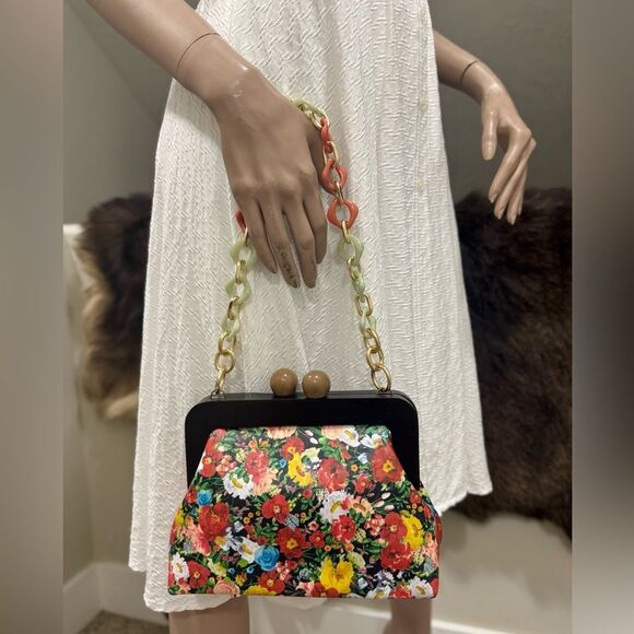 Floral Print Cowhide Leather Handmade Wooden Frame Clutch Bag/Crossbody - Picture 1 of 13